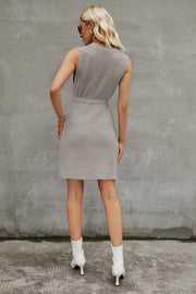 Light Gray knit tank dress with waist tie, acrylic, sleeveless, mini length