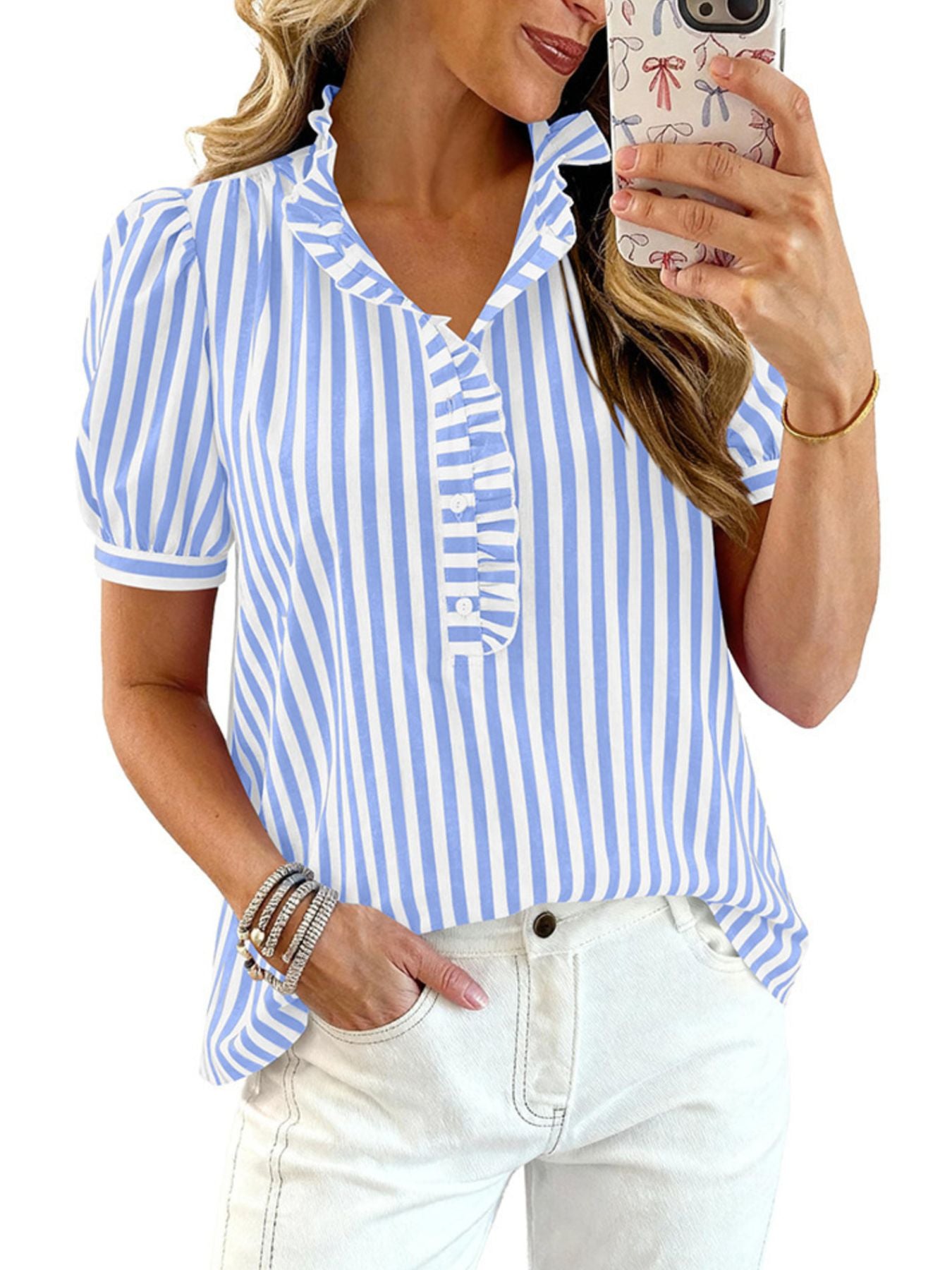 Sky blue striped blouse with ruffled neckline and puff sleeves