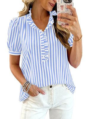Sky blue striped blouse with ruffled neckline and puff sleeves