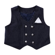 Baby boy navy pinstripe vest with double-breasted buttons and pocket square detail