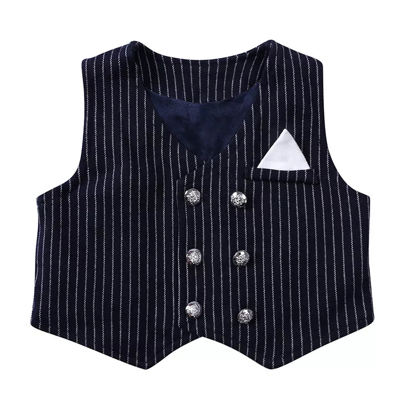 Baby boy navy pinstripe vest with double-breasted buttons and pocket square detail