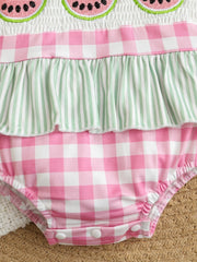 Baby one-piece swimsuit with watermelon embroidery, pink gingham, and green stripe ruffles.
