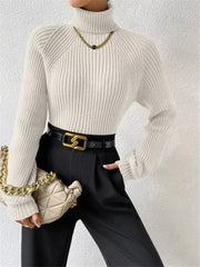 White ribbed turtleneck sweater with long sleeves and a classic fit.