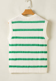 White ribbed knit vest with green stripes and a crew neck.