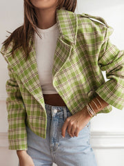 Boxy plaid cropped blazer in lime green with a notched lapel and button detail.