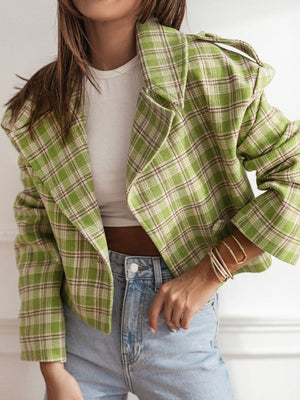 Boxy plaid cropped blazer in lime green with a notched lapel and button detail.