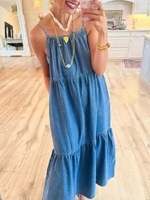 Blue denim midi dress with tiered ruffles and spaghetti straps