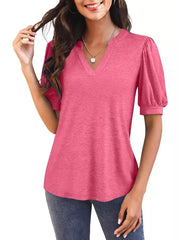 Puff sleeve notched v-neck t-shirt in rose pink with a textured knit.