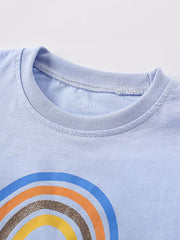 Light blue cotton blend toddler t-shirt with rainbow graphic and crew neck.