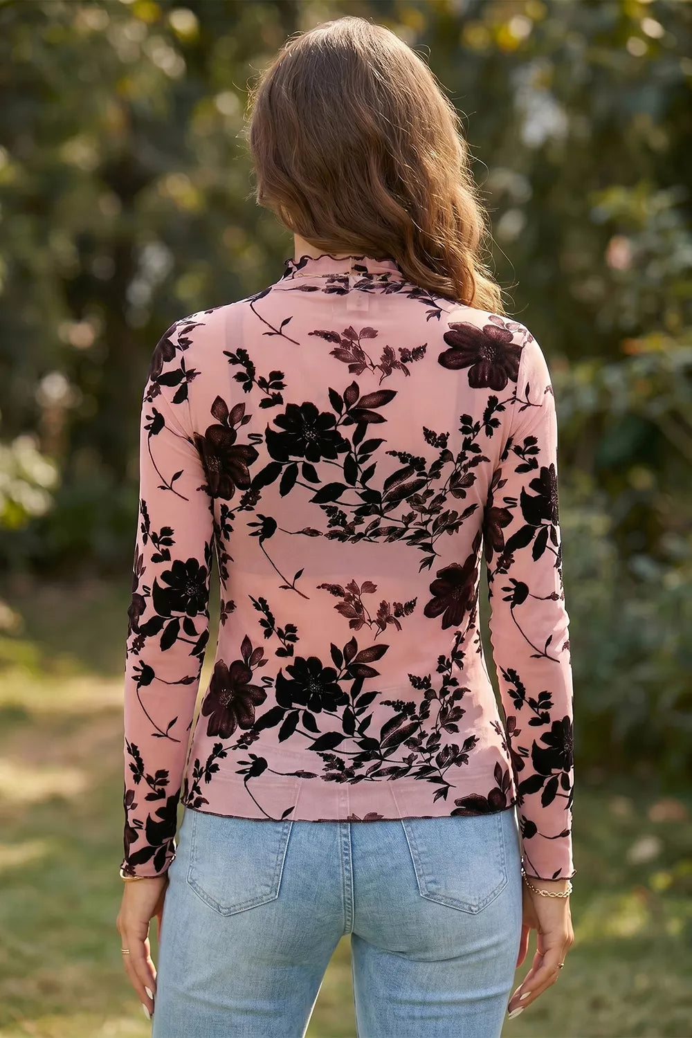 Floral Print Mesh Long Sleeve Blouse in Dusty Pink, side view