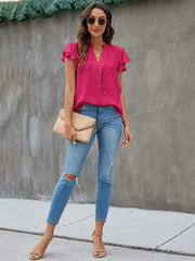 Hot Pink Swiss Dot Flutter Sleeve Blouse with V-neck