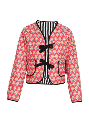 Quilted red jacket with floral print, black bow front, contrast trim and striped lining.