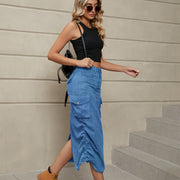 Denim midi cargo skirt with adjustable ruching detail and button flap pockets.