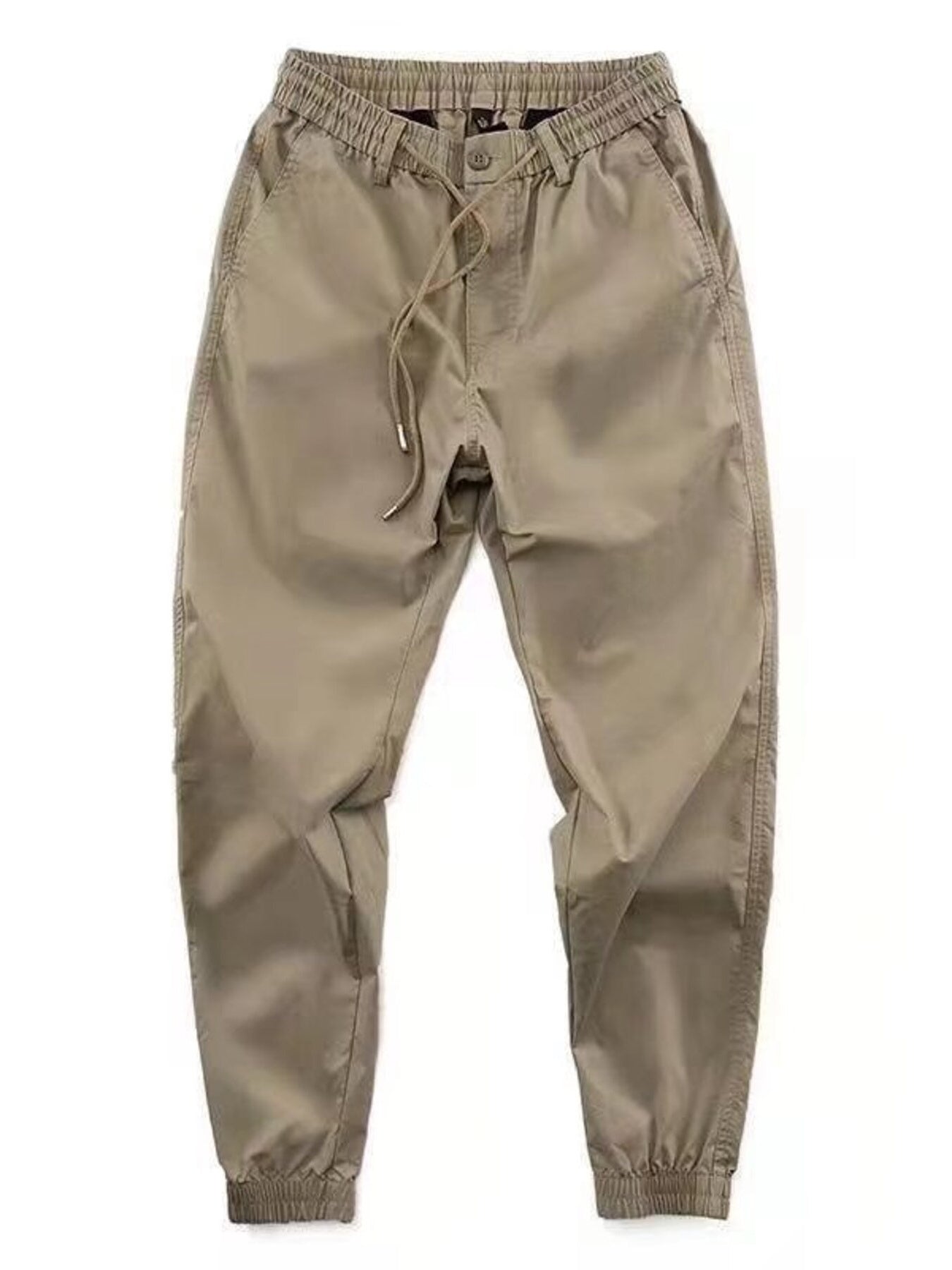 Khaki drawstring joggers with elastic cuffs and relaxed fit.