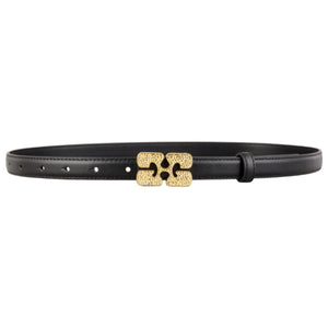 Black cowhide leather belt with textured gold buckle