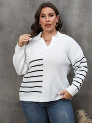 White knit sweater with collar detail and black block stripe pattern on body and sleeves.