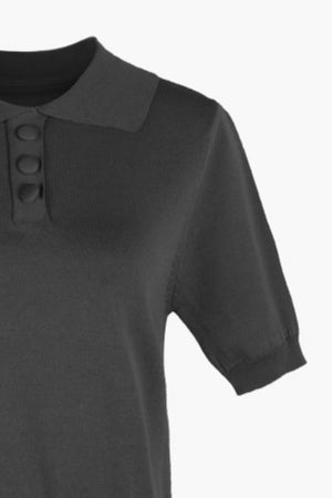 Black button-down knit polo top with short sleeves and a classic collar.