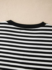 Classic black and white striped cotton V-neck t-shirt with black trim.