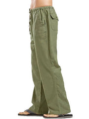 Moss green relaxed fit linen drawstring trousers with cargo pockets and a straight leg.