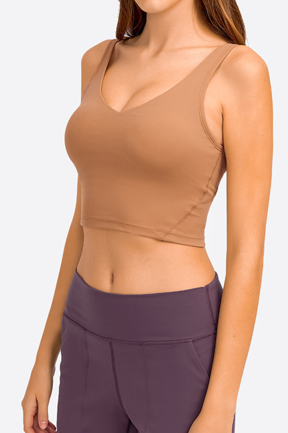 Sculpted Scoop Neck Crop Top in tan with a v-neck and tank straps.