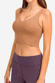 Sculpted Scoop Neck Crop Top in tan with a v-neck and tank straps.