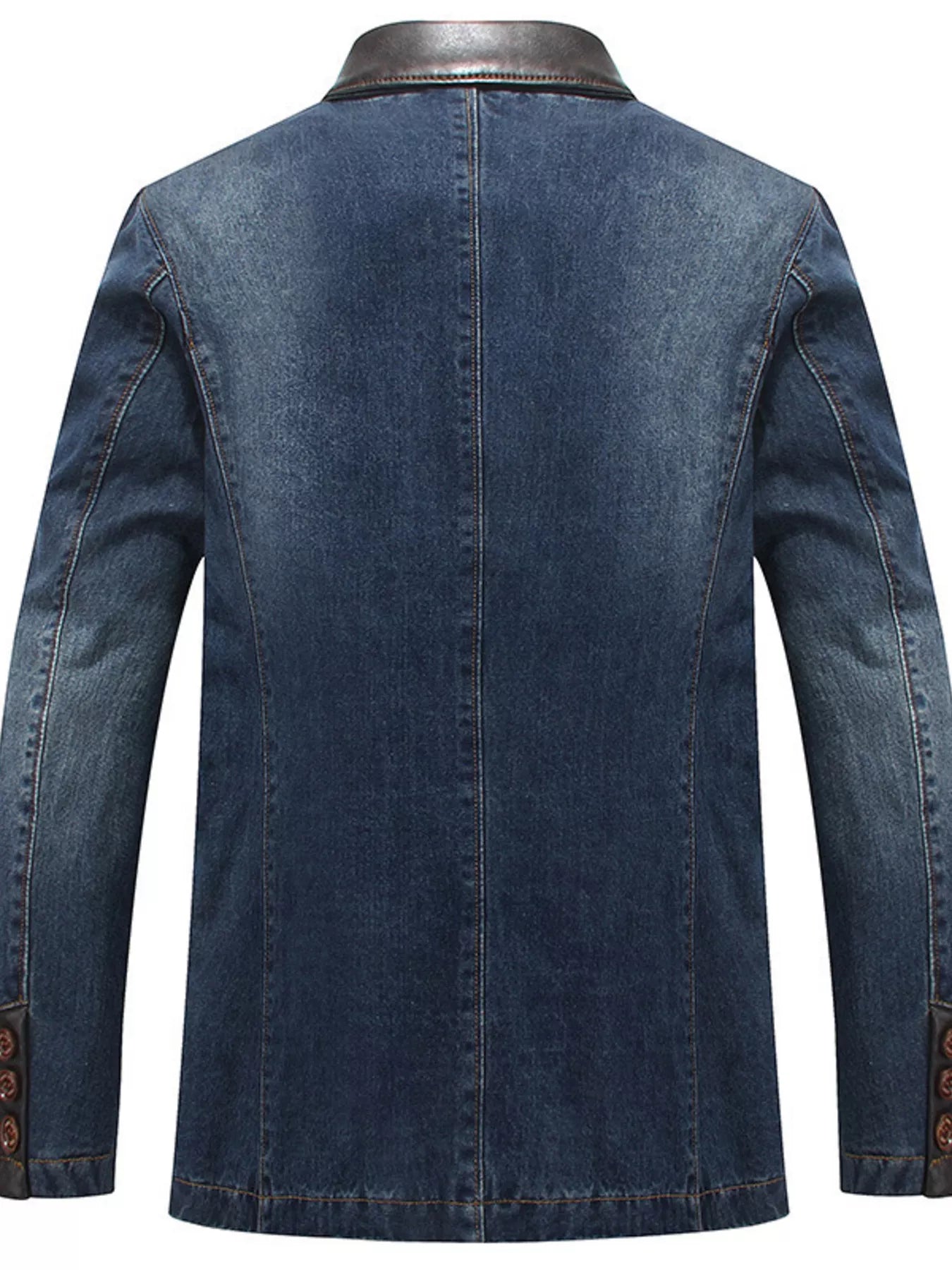 Men's denim blazer in Denim Blue with a faux leather collar and button cuffs.