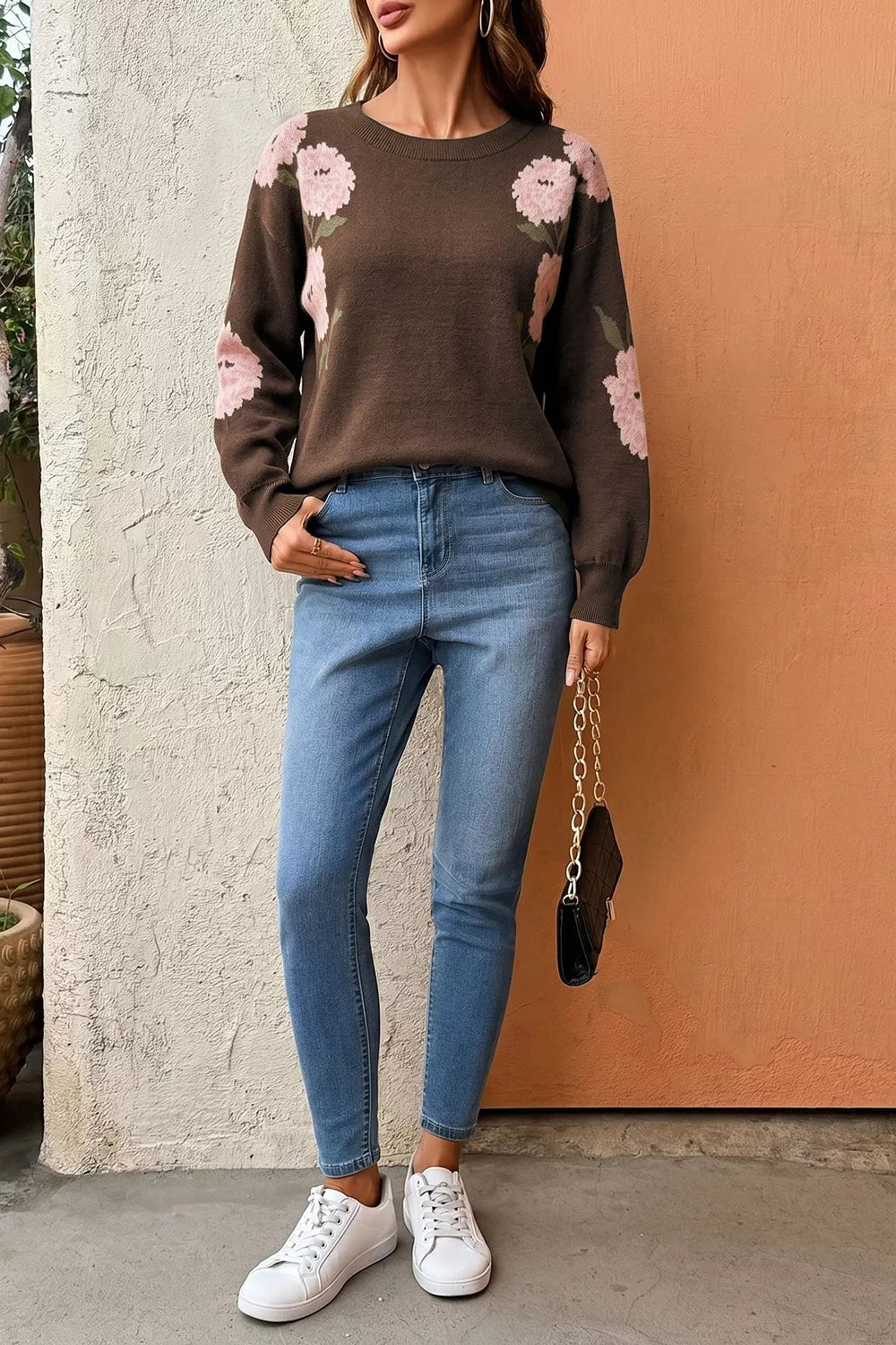 Floral Print Drop Shoulder Relaxed Sweater in Dark Brown, model styling view