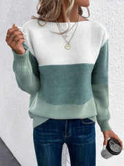 Colorblock boatneck knit sweater in white and gum leaf green acrylic.