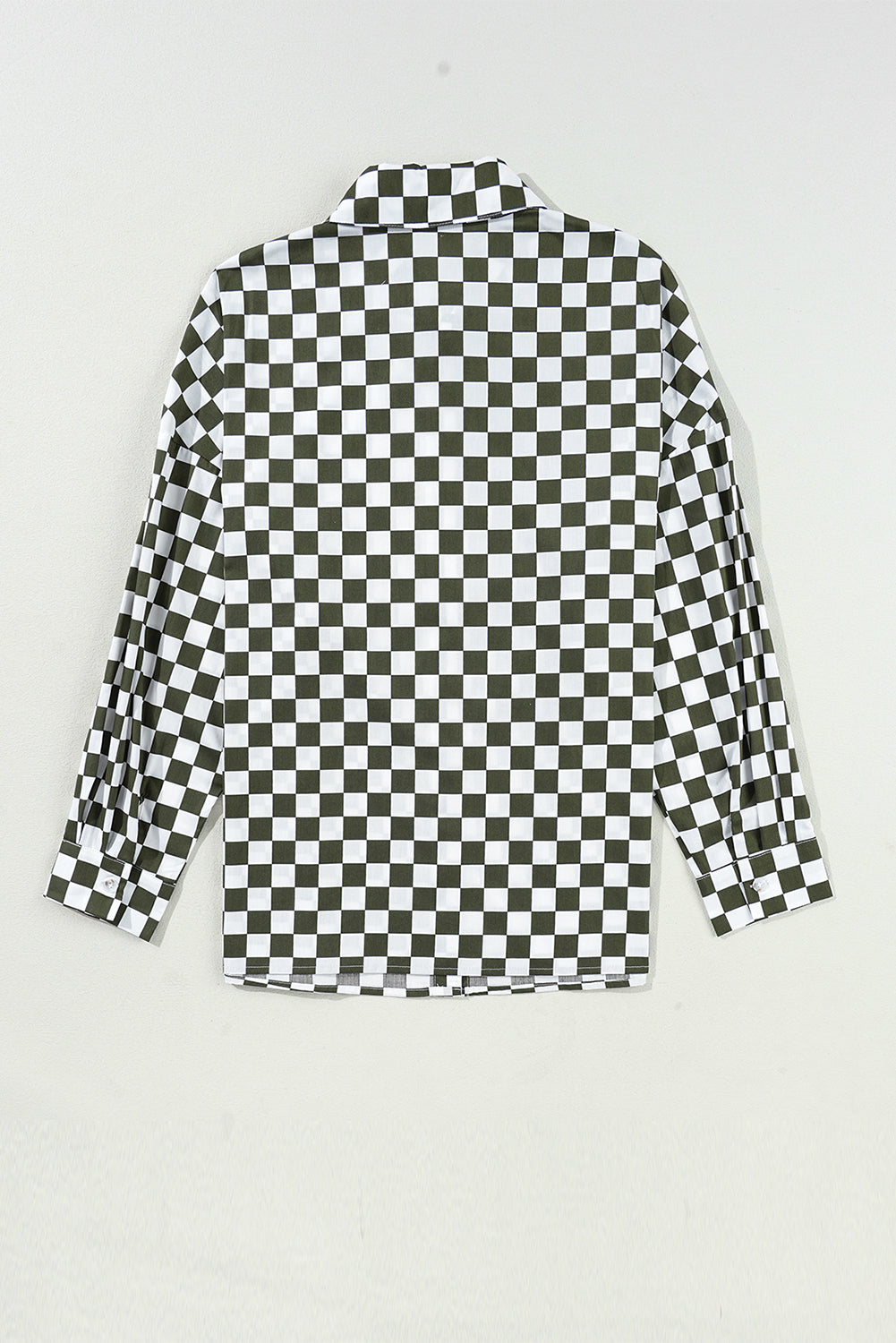 Olive checkered button-down shirt with long sleeves and collar.
