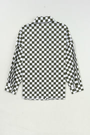 Olive checkered button-down shirt with long sleeves and collar.