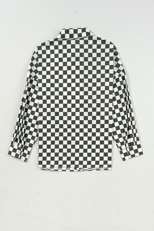 Olive checkered button-down shirt with long sleeves and collar.