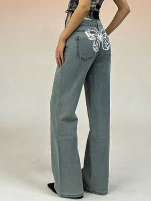 Light blue cotton blend maternity jeans with butterfly back detail and wide leg