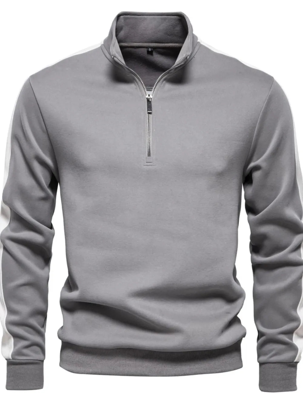 Gray quarter-zip sweatshirt with white side panel detail and a stand-up collar.