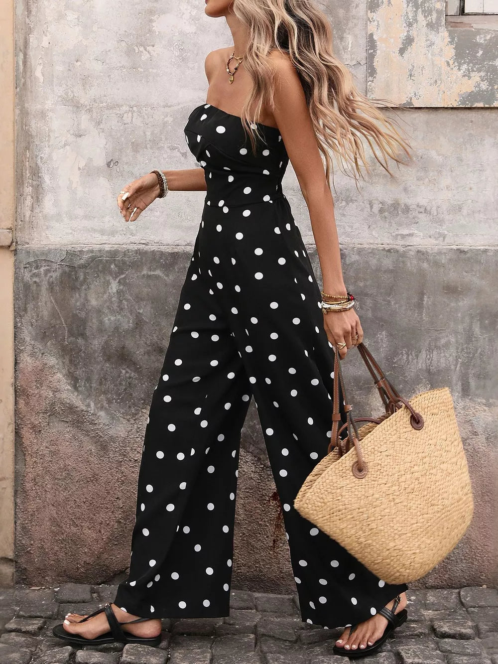 Black polka dot strapless wide-leg jumpsuit with elastane