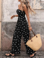 Black polka dot strapless wide-leg jumpsuit with elastane