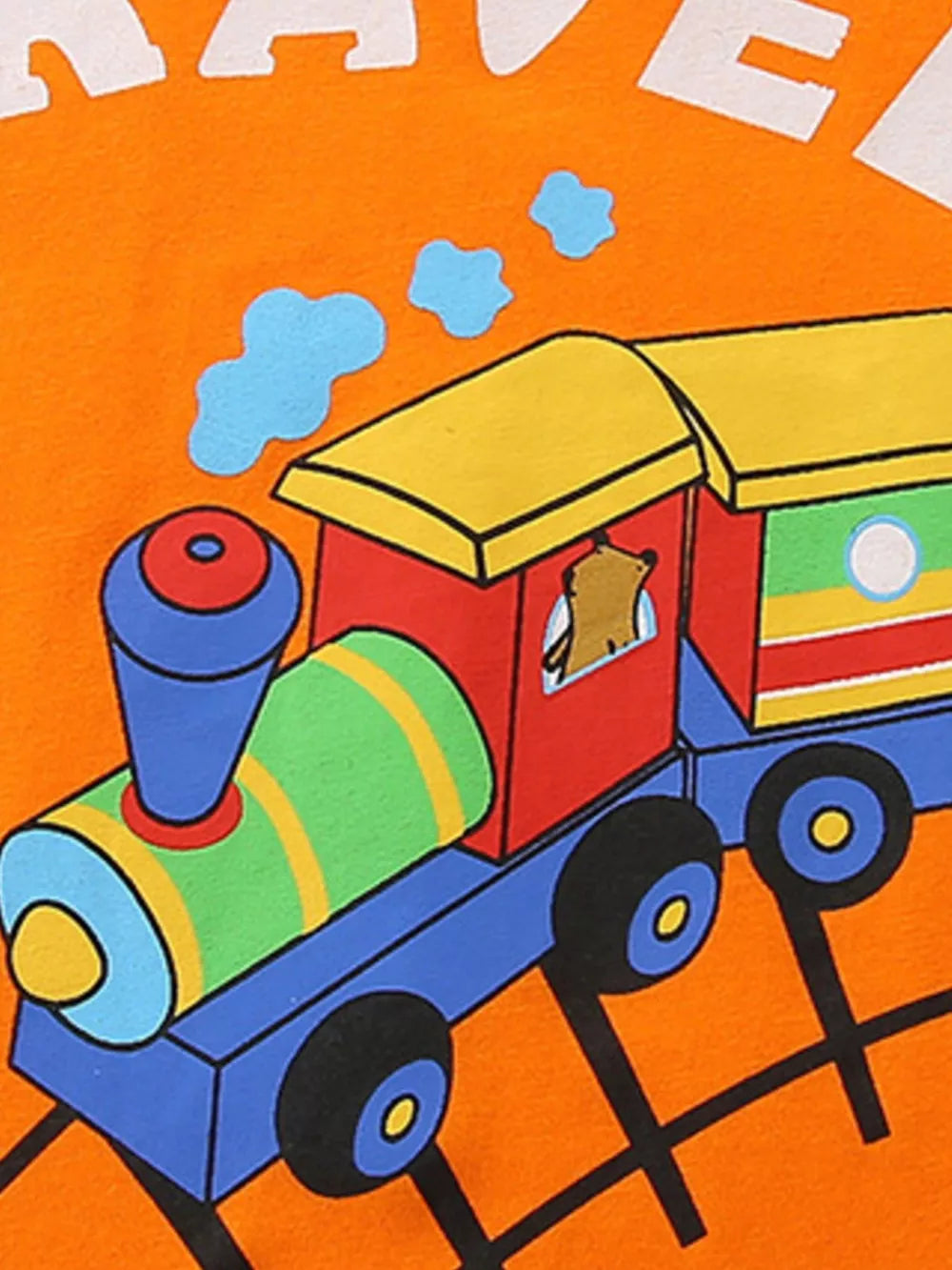 Orange cotton toddler boys' underwear with a colorful train graphic and "TRAVEL" text.