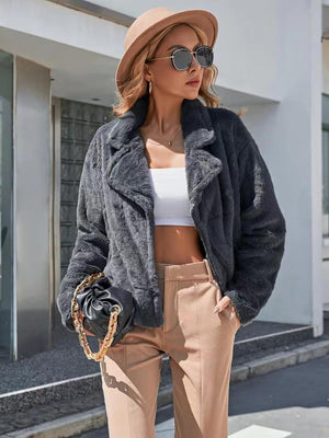 Dark Gray faux fur biker jacket with lapel collar and a cropped length.