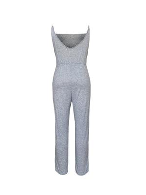 Sleeveless gray jersey jumpsuit with V-neck and elastic waist