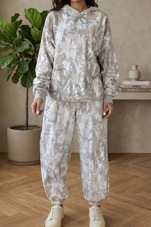 Multicolour Abstract Print Long Sleeve Pant Set in Light Gray, fabric detail