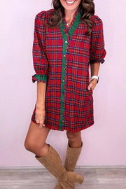 Plaid Ruffle Cuff Button Front Mini Dress in Deep Red, product detail
