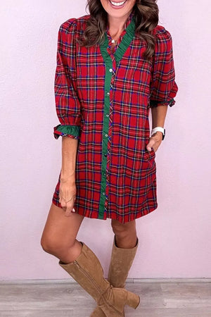 Plaid Ruffle Cuff Button Front Mini Dress in Deep Red, product detail
