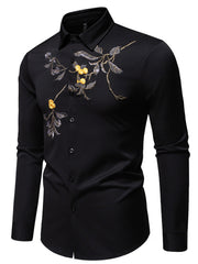 Black cotton button-down shirt with embroidered floral detail on chest.