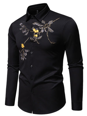 Black cotton button-down shirt with embroidered floral detail on chest.