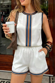 Striped Sleeveless Top And Shorts Set in Black, front view