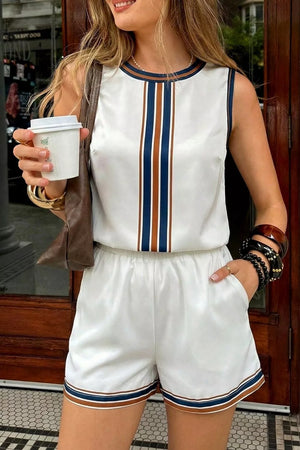 Striped Sleeveless Top And Shorts Set in Black, front view