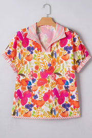 Floral print collared cotton blouse with striped trim and short sleeves.