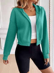 Teal cropped hooded zip-up sweatshirt with long sleeves and a relaxed fit.