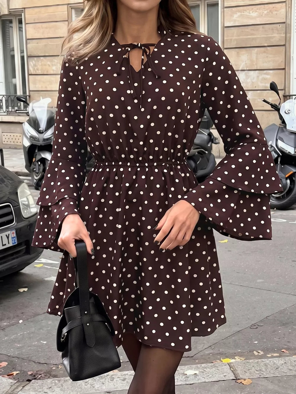 Polka Dot Flare Sleeve Tie Neck Dress in Coffee Brown, front view