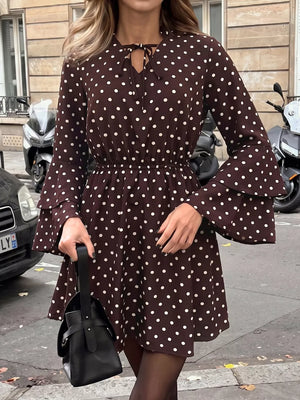 Polka Dot Flare Sleeve Tie Neck Dress in Coffee Brown, front view