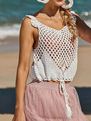 White crochet tank top with tie waist and heart detail, V-neck, acrylic